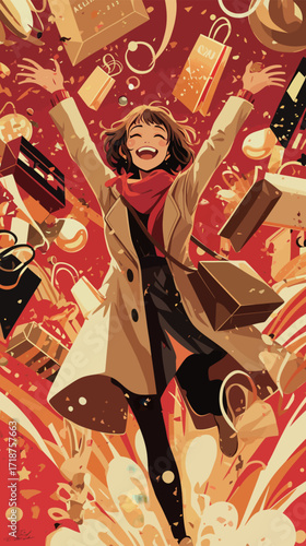 A woman in a stylish coat joyfully raises her arms in excitement surrounded by shopping bags and festive decorations. The scene conveys happiness and celebration.