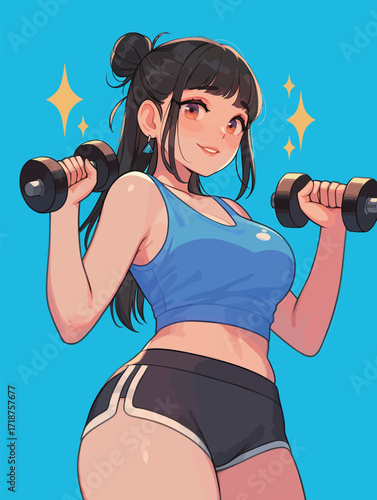 A young woman with long black hair is smiling while holding dumbbells in each hand. She wears a blue tank top and black shorts, showcasing her dedication to fitness and health.