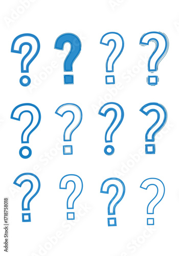 Vector illustration of illustration of twelve blue question mark icons arranged in a grid on