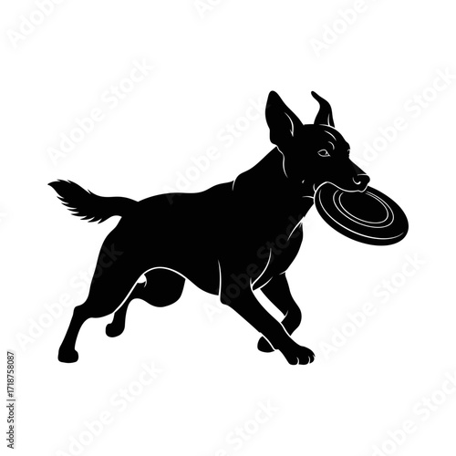 Dog running with frisbee silhouette isolated on white background