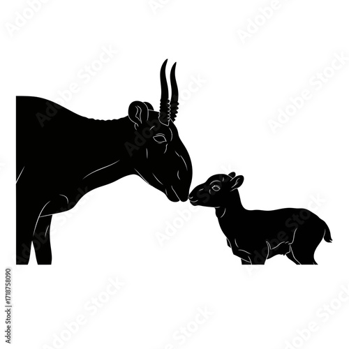 Saiga antelope mother and fawn silhouette isolated on white background