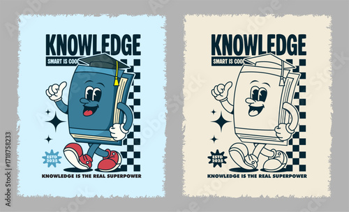 Retro retro 70s style cartoon book character illustration with graduation cap, perfect for education and poster design