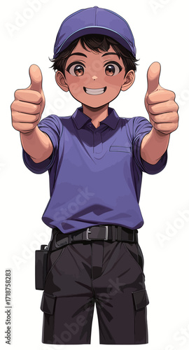 A cheerful boy is standing with a big smile and giving two thumbs up. He wears a purple shirt, black pants, and a matching cap, looking friendly and confident.