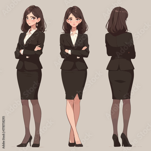 A confident businesswoman poses in three different stances, wearing a chic black suit with a white blouse. Her strong presence captures attention.