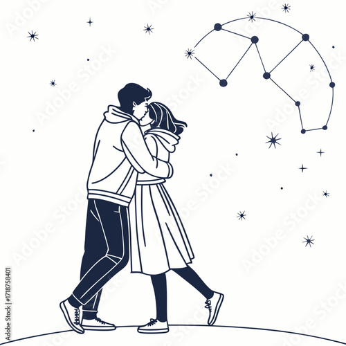 Romantic couple embracing under a starry night sky with a constellation overhead