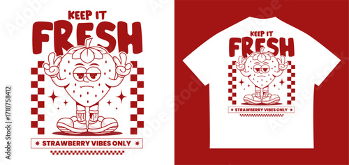 Funny and cheerful strawberry character design. A cute retro illustration for kids, fashion, food art, and creative decorations