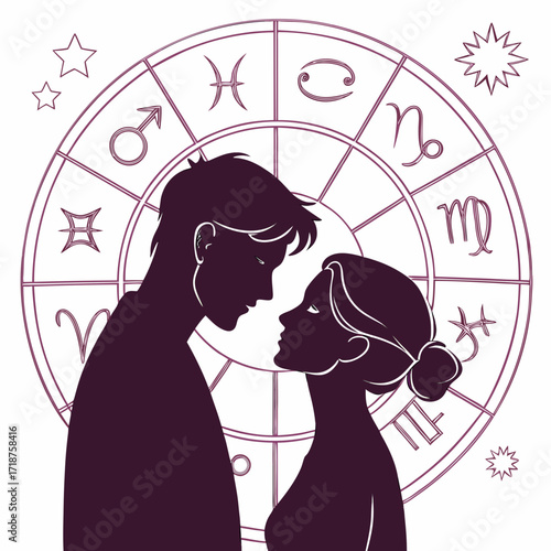 Silhouette of a couple gazing at each other against a backdrop of the zodiac wheel and stars