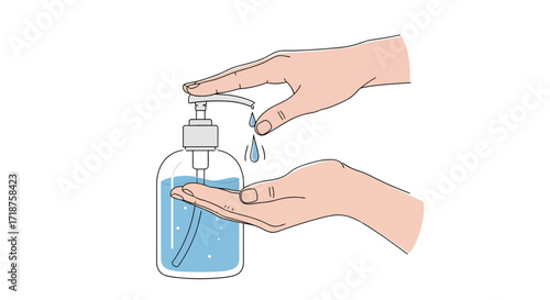 Close-up illustration of hands using a pump bottle of light blue hand sanitizer against a white background, showcasing a hygienic and clean process.