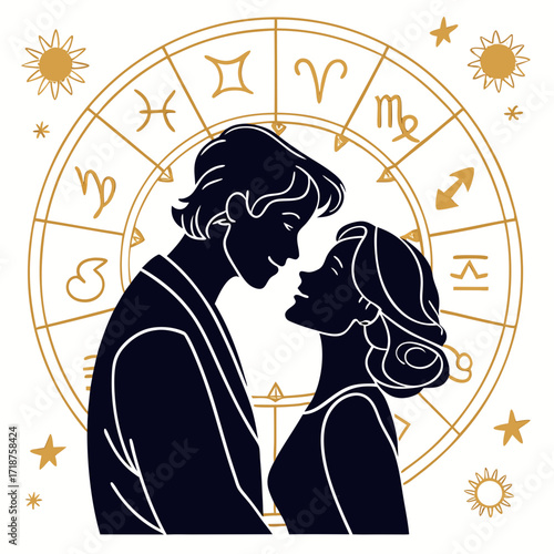 Romantic couple silhouettes gazing at each other against a zodiac wheel and celestial background