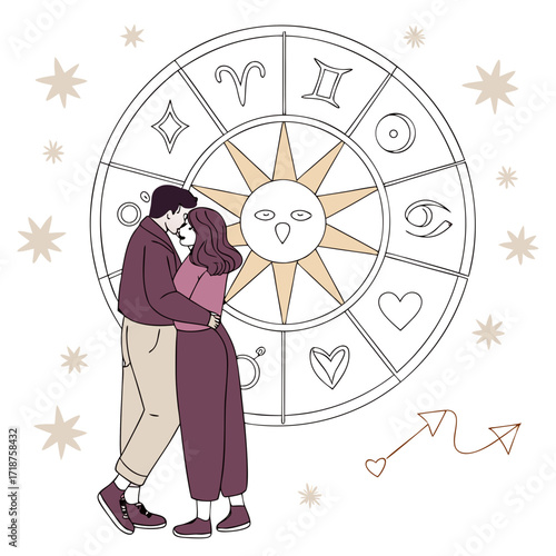 Young couple embracing in front of a sun and zodiac wheel with stars and hearts symbolizing love and destiny