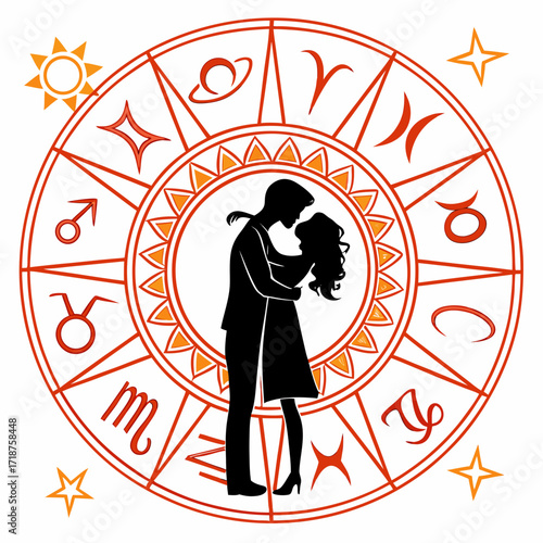 Silhouette of a loving couple embracing within a vibrant zodiac wheel with astrological symbols and stars