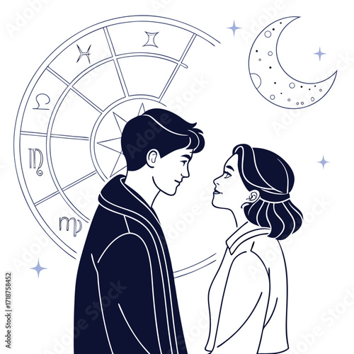 Young couple gazing at each other with a zodiac wheel and crescent moon in the background