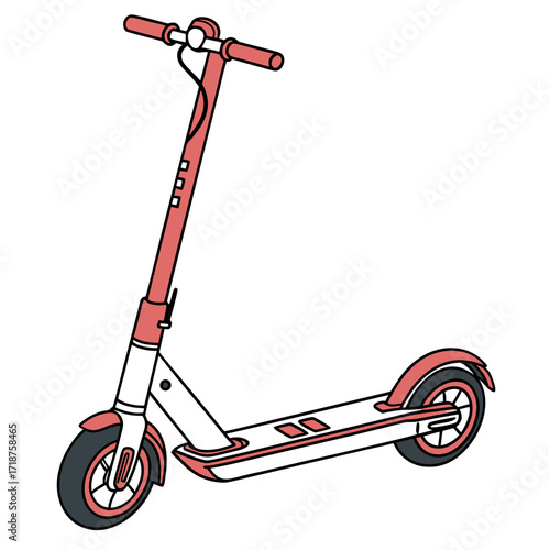 A modern coral and white electric scooter with black wheels and handlebars isolated on a white background