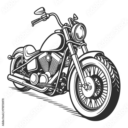 Classic american chopper motorcycle illustration with detailed engine and spoked wheels