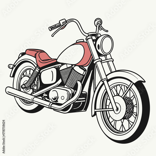 Classic red cruiser motorcycle with chrome details and spoked wheels on a white background
