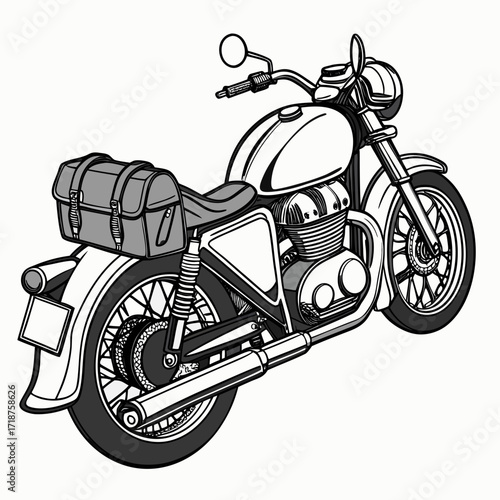 Classic retro motorcycle with saddlebag and chrome exhaust pipe isolated on white background