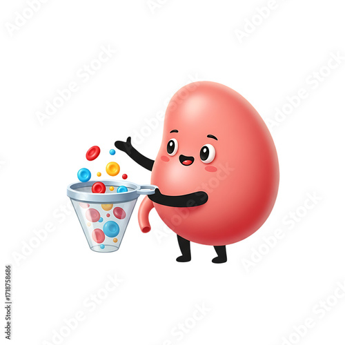 A cheerful cartoon kidney filters blood cells, showcasing a playful depiction of human anatomy.