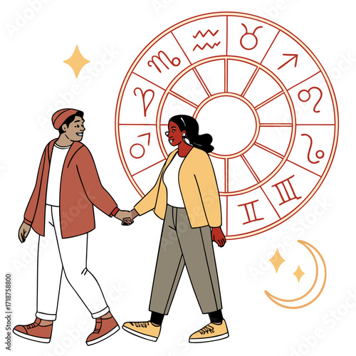 Couple holding hands walking past a zodiac wheel with astrological symbols and celestial elements