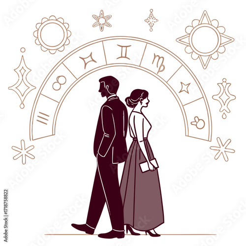 Couple standing back to back under a zodiac wheel with astrological symbols and celestial elements
