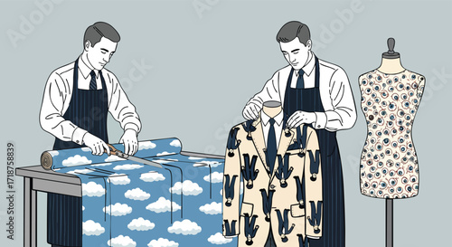 Surreal tailors crafting bizarre patterned clothing whimsical fashion design couture strange bespoke atelier