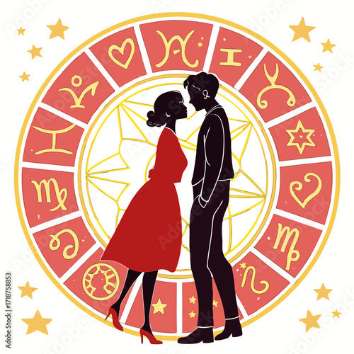 Couple silhouetted against a zodiac wheel with stars symbolizing love and destiny
