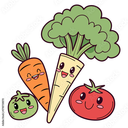 Cute kawaii style broccoli carrot parsnip and tomato characters smiling together on white background