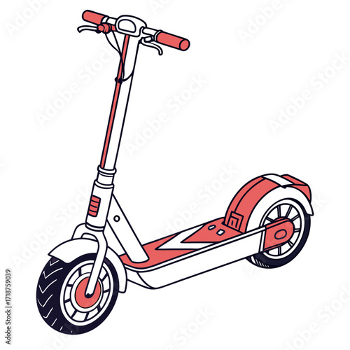 Modern electric scooter with coral accents and thick tires on a white background