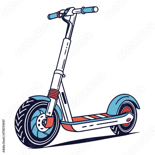 Modern electric scooter with blue handlebars and red accents isolated on a white background