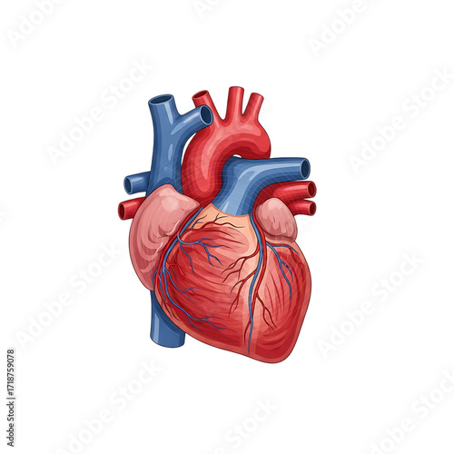 Detailed illustration of a human heart, showcasing its chambers, valves, and major blood vessels.