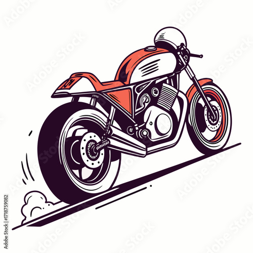 Retro cafe racer motorcycle with a vintage helmet on the fuel tank speeding down a road