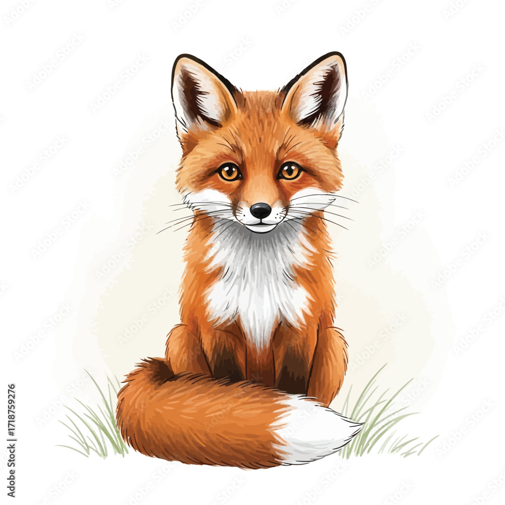 Obraz premium Vector illustration of illustration of cute fox sitting in grass