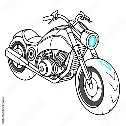 Stylized cartoon illustration of a sleek modern cruiser motorcycle with a bright blue headlight and accents