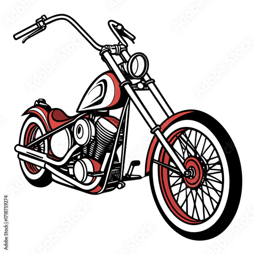 Stylized illustration of a classic red and white chopper motorcycle with chrome accents and spoked wheels