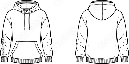 Blank hoodie template, front and back view, plain sweatshirt with hood, long sleeve pullover mockup, casual fashion design illustration