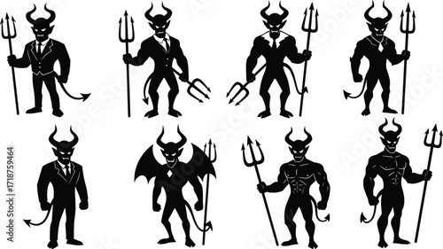 Dark devil silhouette with horns, trident, wings, muscular body, demon character, evil spirit, fantasy monster, gothic illustration, scary artwork, myth