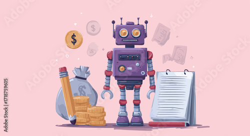 A cute robot stands in front of stacks of coins, a bag of money, and office supplies like a notepad and pencil. This fun scene represents finance and budgeting themes.