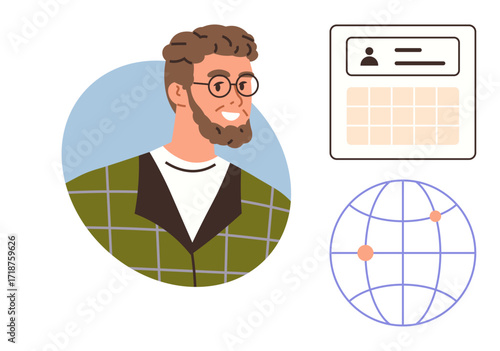 Smiling bearded man in glasses, user ID card layout, globe with connection points. Ideal for networking, profile creation, global reach, digital identity, organization, connectivity simple flat