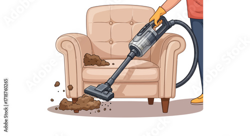 Close-up illustration of a person vacuuming dirt from a beige armchair with a handheld vacuum cleaner, against a white background, showcasing a cleaning process with