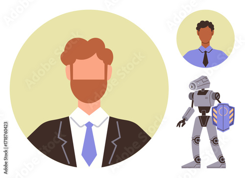 Male business professionals in formal attire and a futuristic robot with shield emphasize synergy of humans and AI in workplaces. Ideal for innovation, teamwork, workforce evolution, diversity