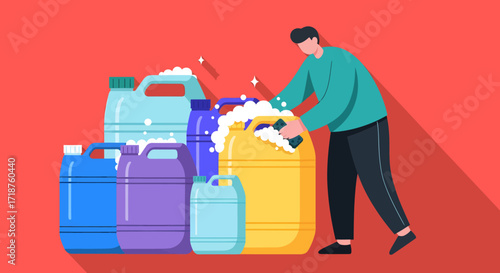 A man cleaning various plastic containers with soapy water, flat lay illustration against a red background with a vibrant, energetic style.