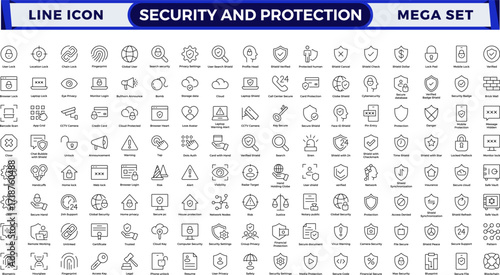 Security & Protection outline icon set. Data protection symbol. Secured network icon collection.Safety, security, protection thin line icons.For website marketing design, logo, app, UI, etc.