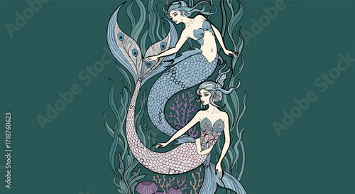 Art nouveau style mermaids with detailed tails and underwater plants Fantasy Ocean Mystical Illustration Decorative
