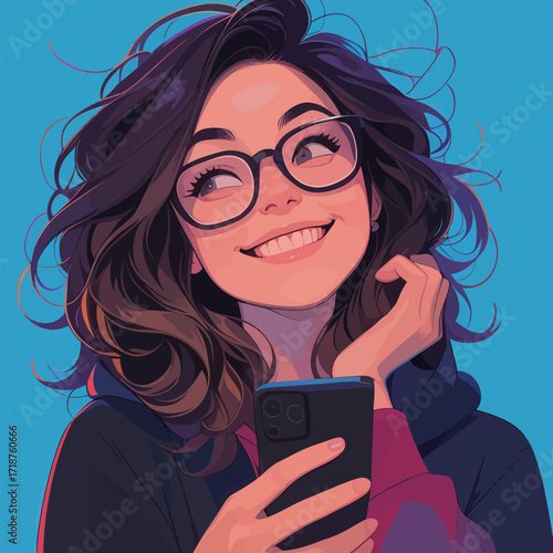A young woman with curly hair and glasses smiles brightly while looking at her smartphone. She has a joyful expression, with loose hair framing her face.