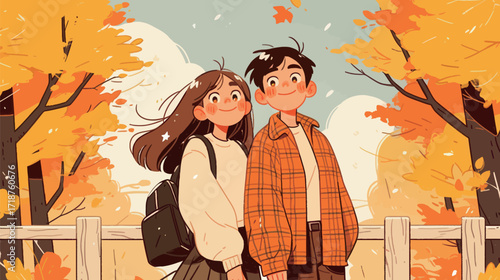 Friends stand close together with smiles in a vibrant park filled with orange and yellow leaves. The scene captures the joy of a sunny autumn day.