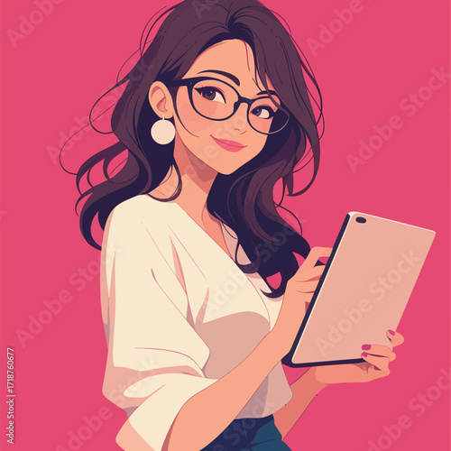 A young woman with long dark hair and glasses holds a tablet, looking confidently at the viewer. The bright pink background adds a playful touch.