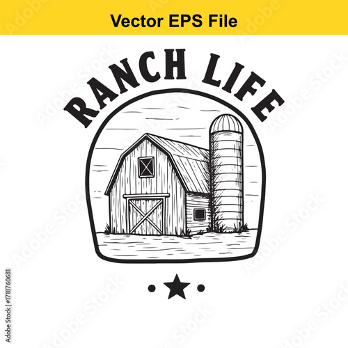 Ranch life emblem with barn and silo, isolated on white background