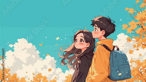 A cheerful couple stands together in an autumn landscape surrounded by colorful leaves. They gaze into the distance, enjoying the sunny day and warm atmosphere.