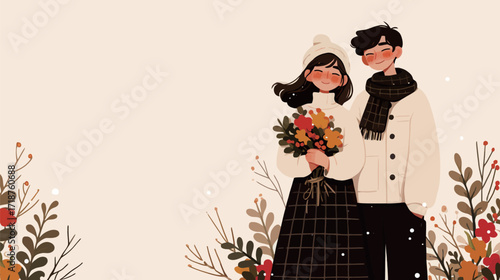 A cheerful couple stands together in a fall landscape, dressed warmly. They hold a bouquet and smile joyfully, creating a cozy autumn vibe with flowers around them.