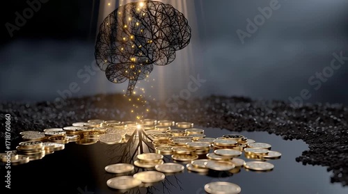 Abstract brain above coins with root system and light beams in dark background concept image