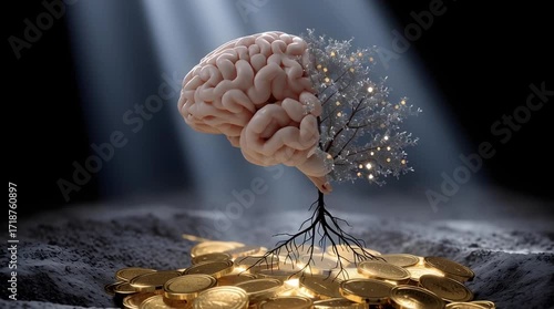 A brain with tree roots growing from coins under spotlight in a dark and mysterious environment